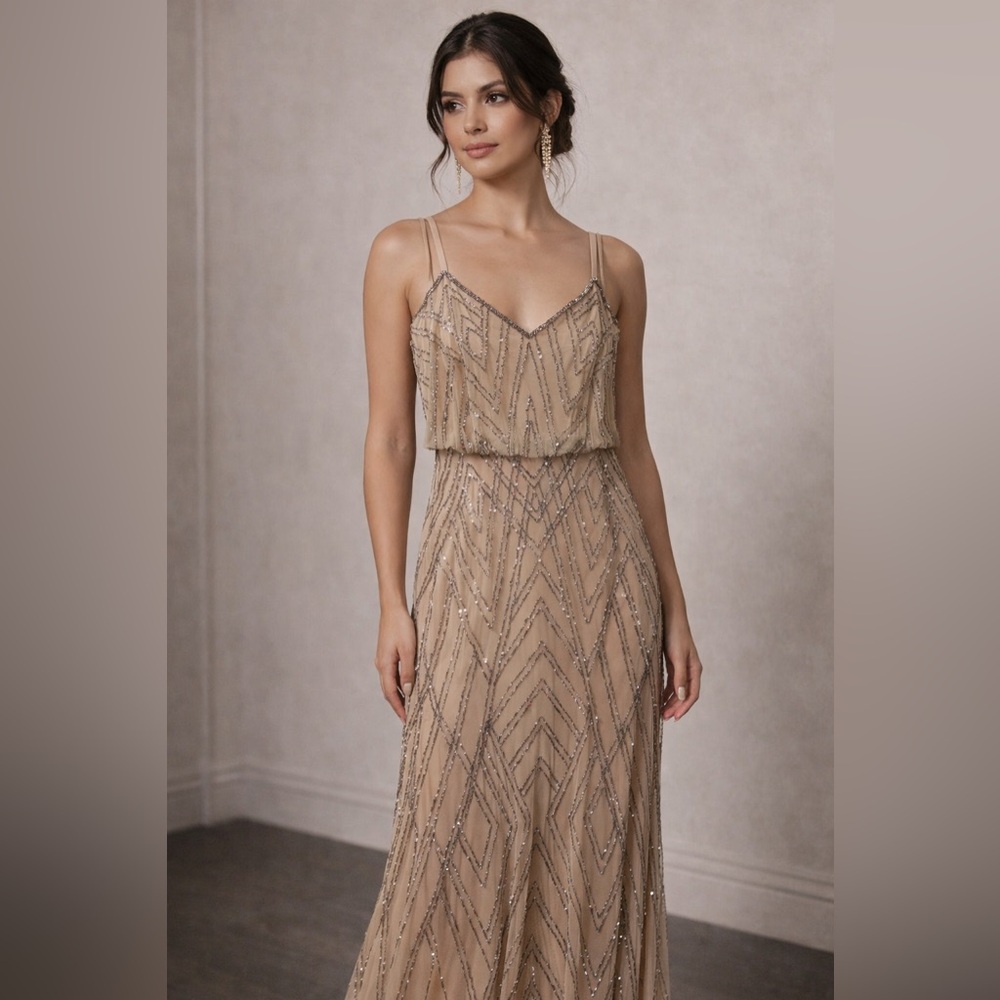 Adrianna Papell NWT SZ 4 Champagne Beaded Evening Gown Art Deco GALA MOB Formal - Picture 3 of 10